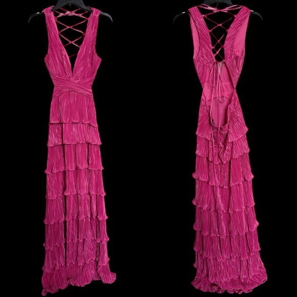 Lulus Pink Satin Pleated Tiered Lace Up Maxi Dress Size XS Formal Glam Prom - Picture 3 of 9